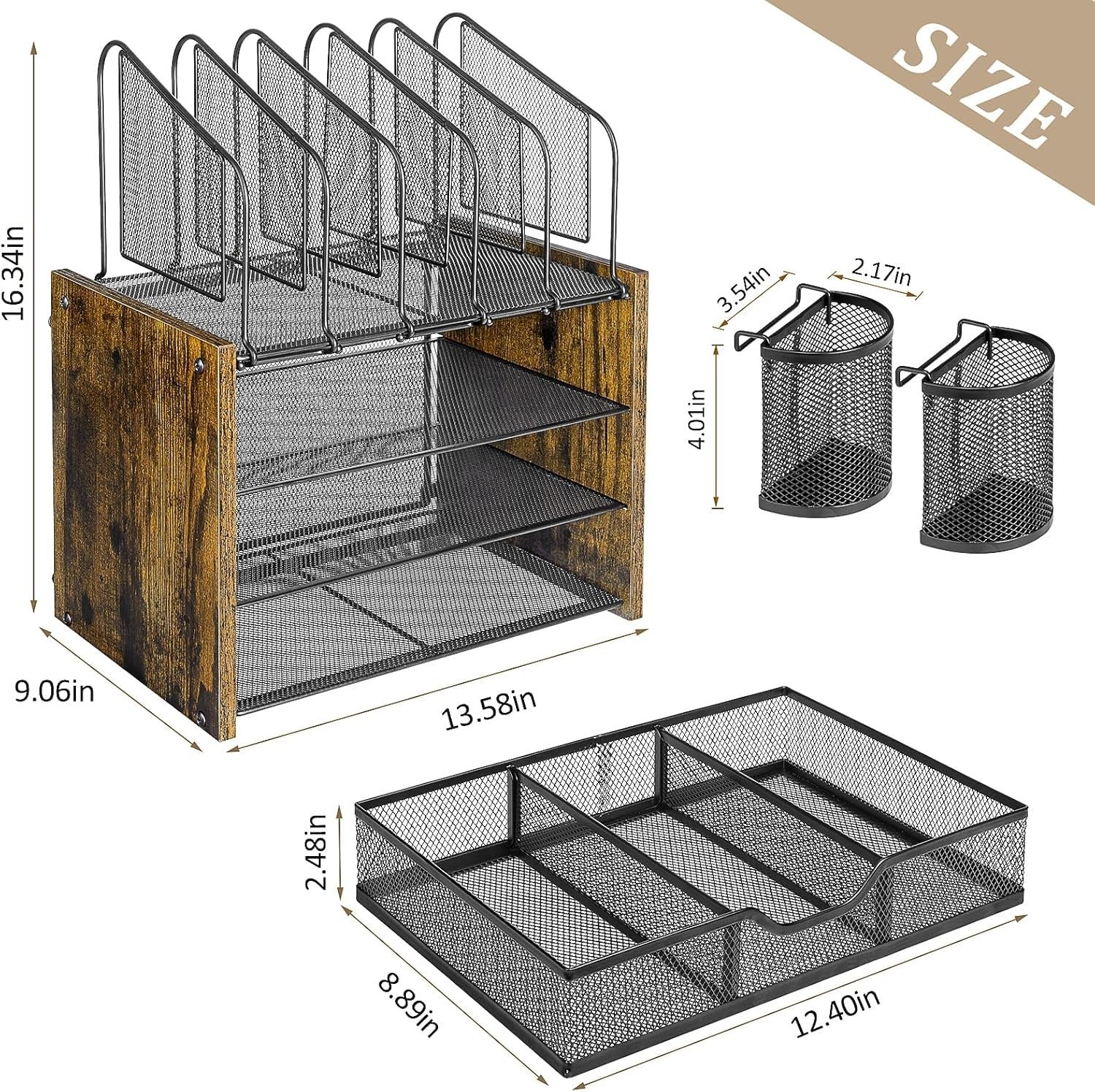 4 Tier Desk Organizer with Drawer Mesh File Organizer Pen Holders Office
