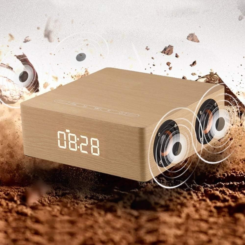 Wooden Bluetooth Alarm Clock Speaker LED Display Snooze Bedside Brown