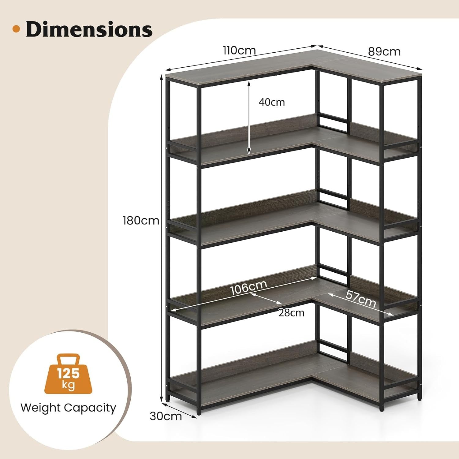 5-Tier L-Shaped Industrial Bookshelf Large Corner Storage Display Unit 180cm