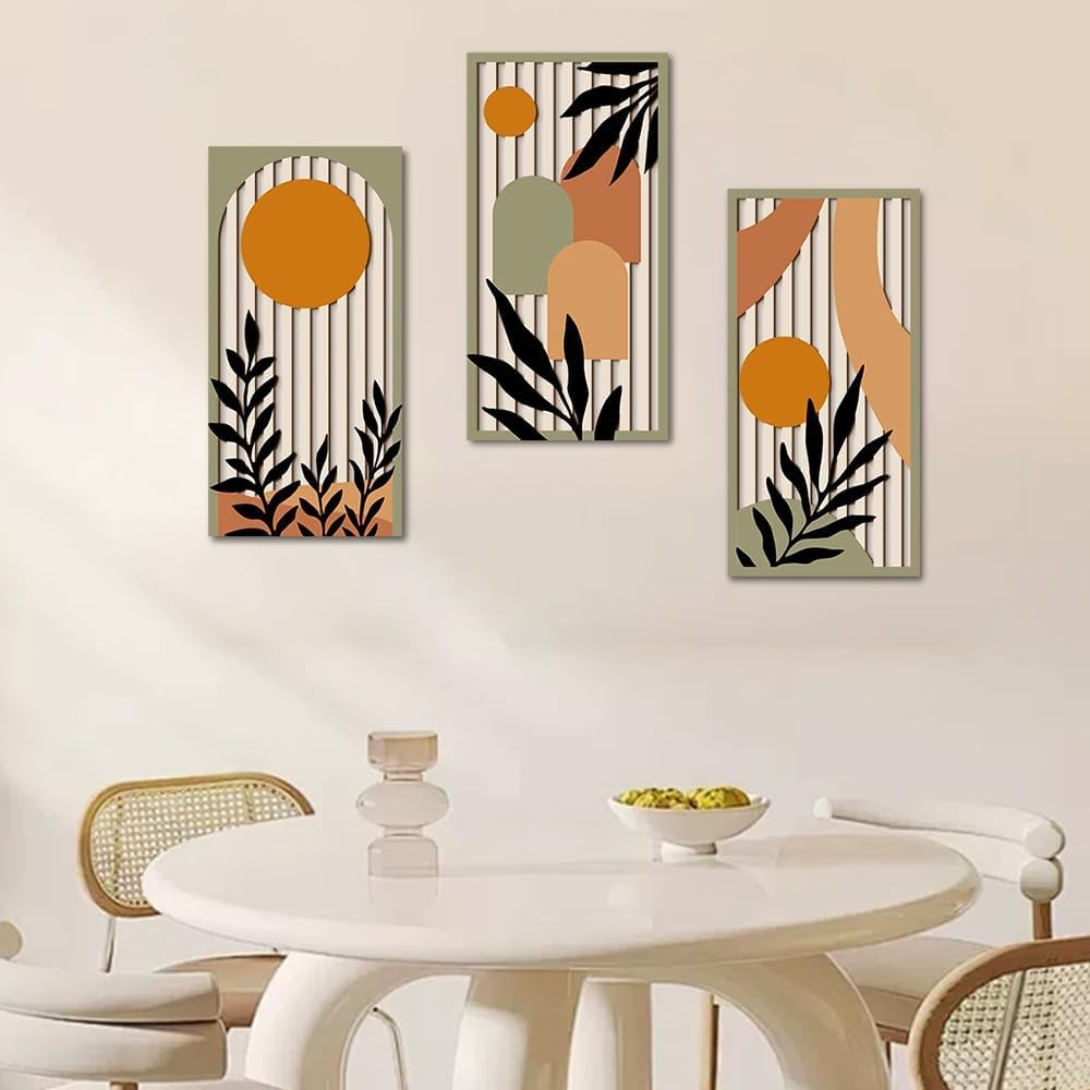 KiKiHong 3-Piece Wooden Abstract Botanical Wall Art for Living Room