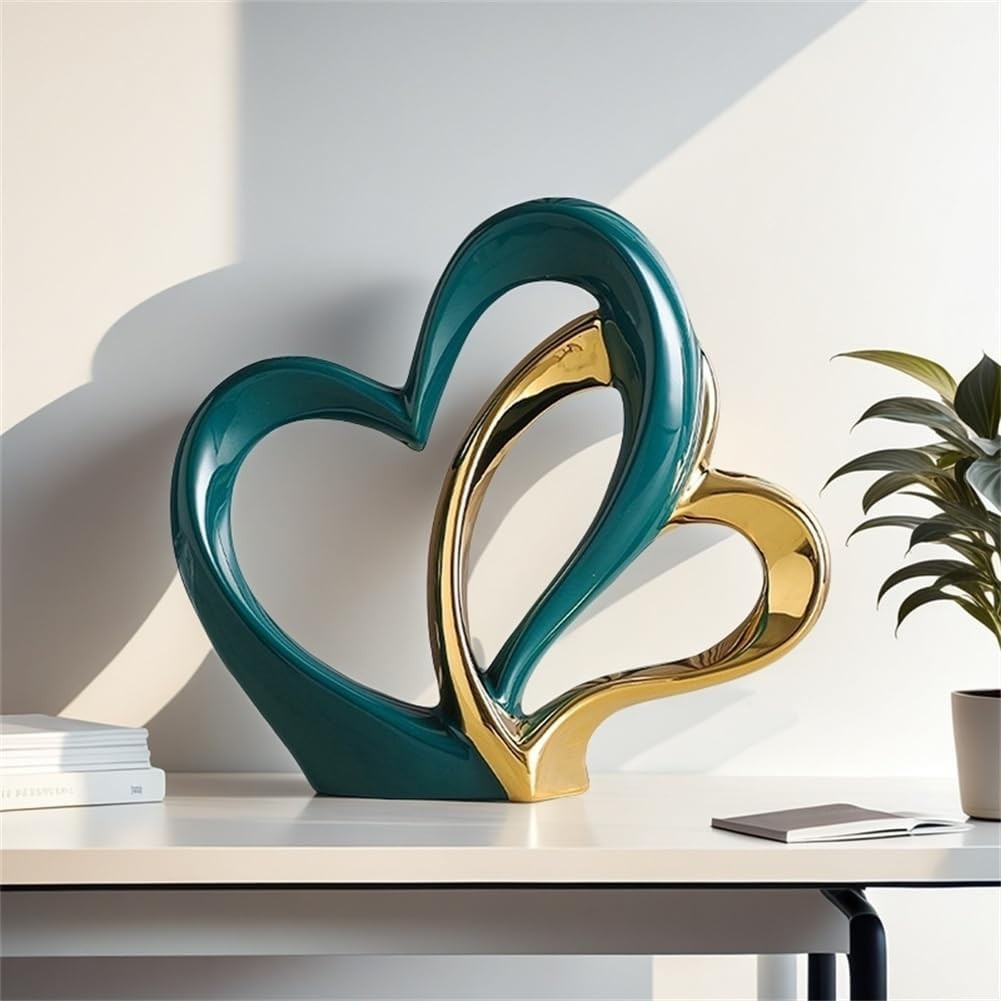 Modern Double Heart Ceramic Sculpture Green Gold Ornament Luxury Home Decor Gift