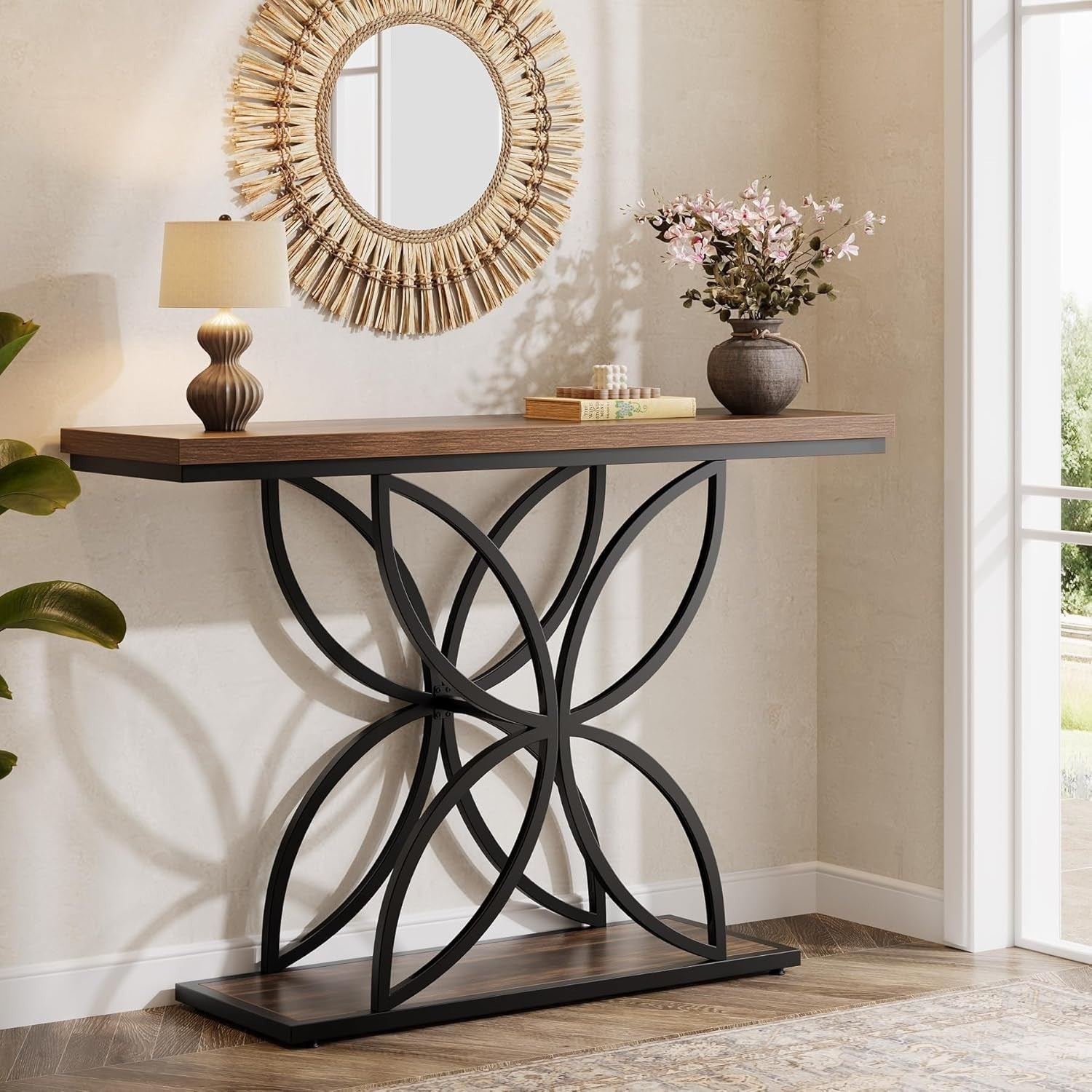 47" Industrial Console Table with Unique Butterfly Metal Base, Rustic