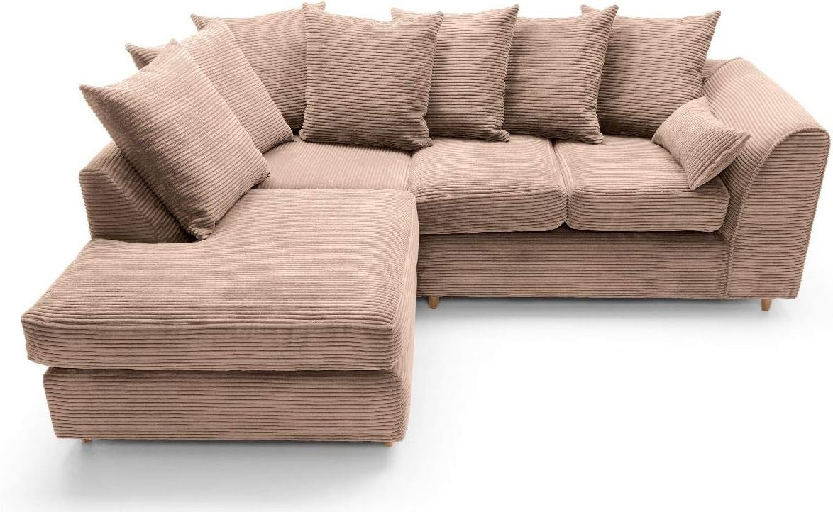 Brown Jumbo Cord L Shaped Sofa | Deep Cushions | Water Repellent Fabric | 4 Seat