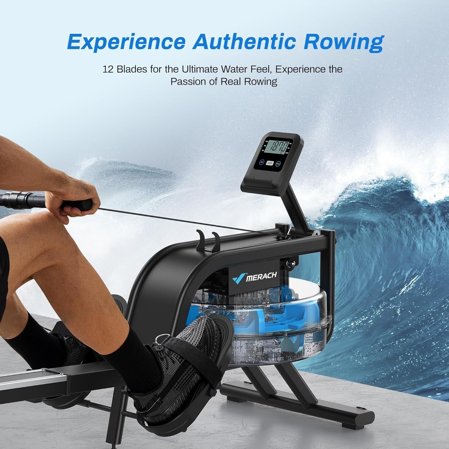 Water Rowing Machine 6-Level Resistance Quiet Steel Frame App Compatible