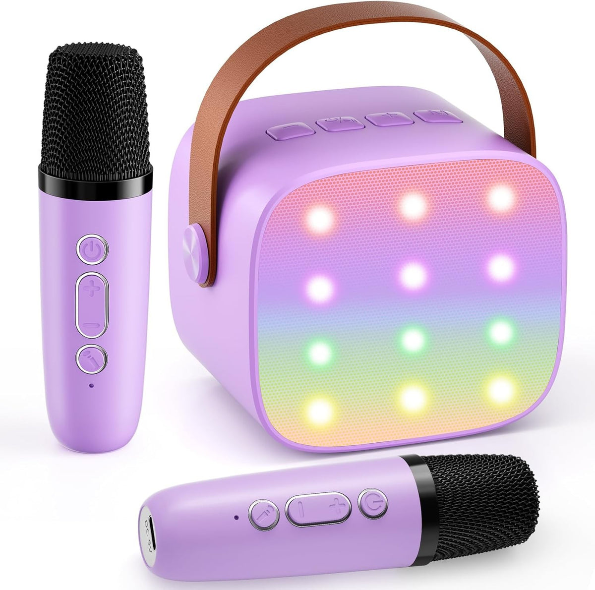 Kids Mini Karaoke Machine 2 Wireless Mics Bluetooth LED