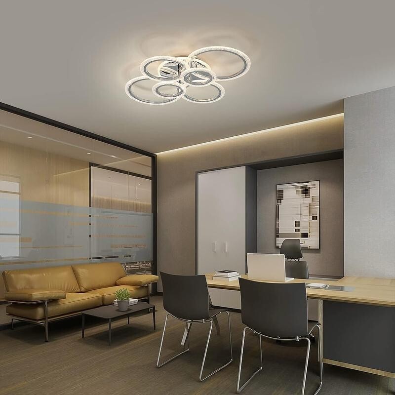 Modern LED 6 Ring Ceiling Light Chrome 76W Dimmable Flush Mount Remote