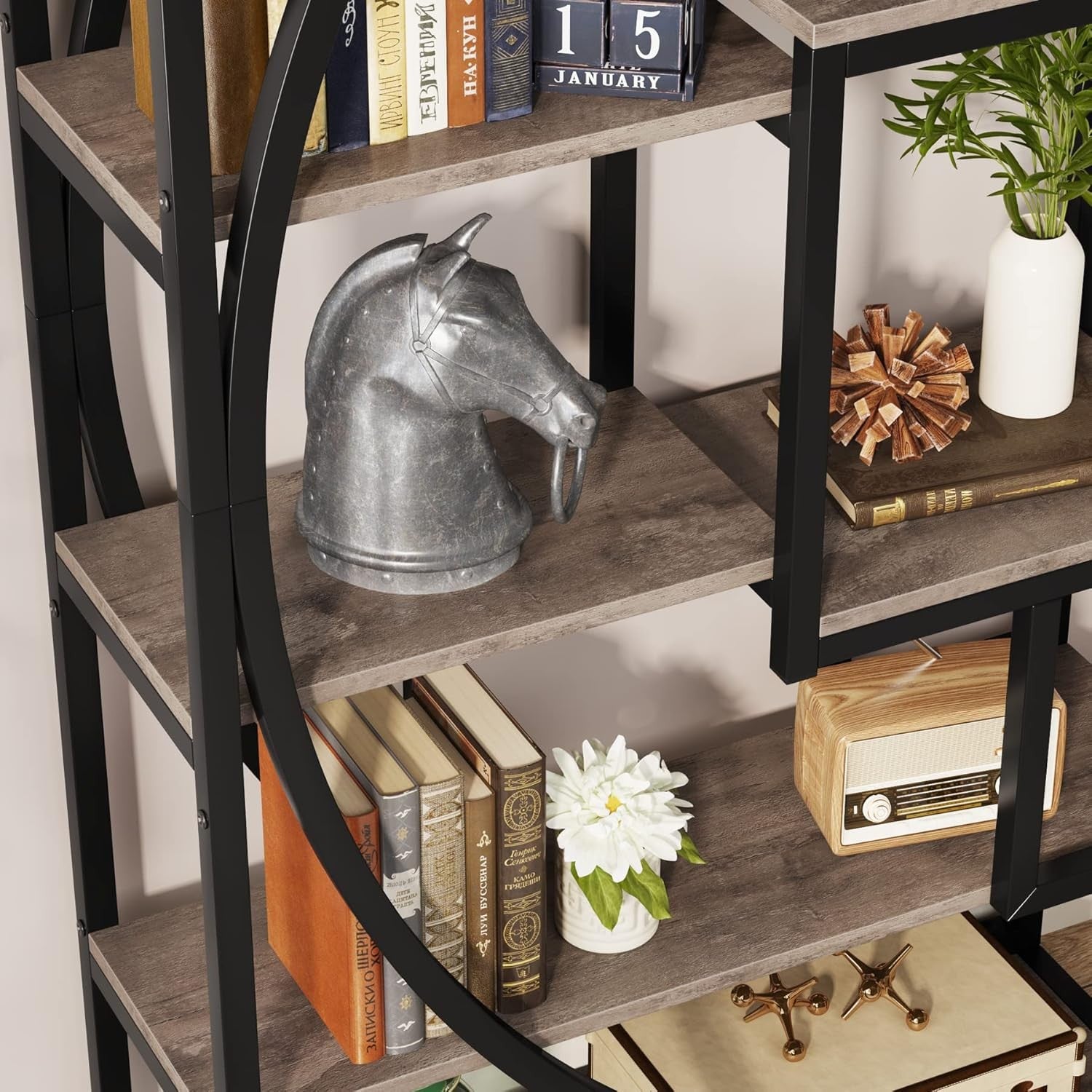 Industrial 5-Tier Geometric Bookshelf Tall Display Unit with 8 Open Shelves