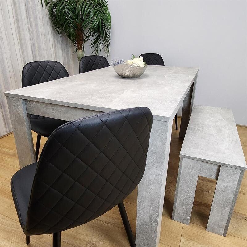 6 Seater Dining Table Set with Bench Grey Stone Effect Wood & Black Chairs