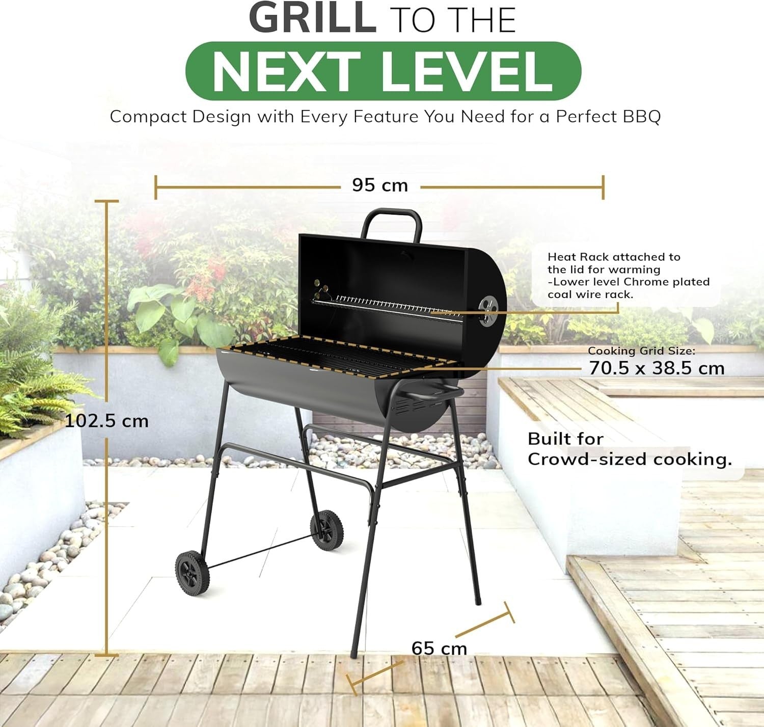 XL Barrel Charcoal BBQ Grill | Large Outdoor Smoker | Built-In Thermometer