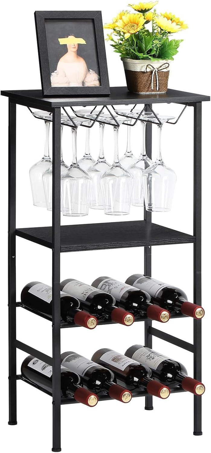 Freestanding 4-Tier Wine Rack with Glass Holder, Rustic Metal Bar Shelf Storage