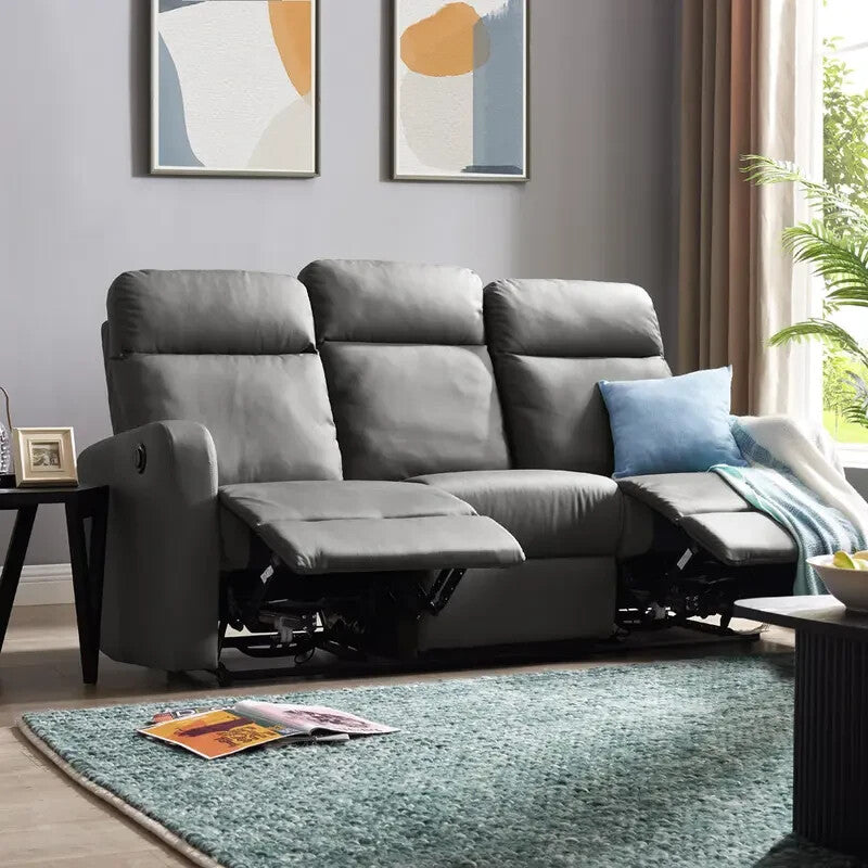 3 Seater Electric Recliner Sofa Grey Faux Leather Lounge Seat Lumbar Support