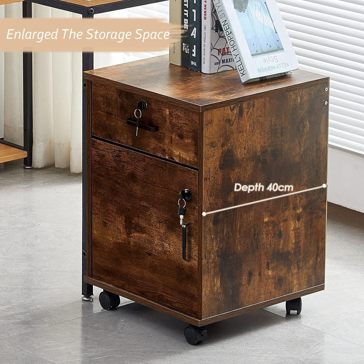 Brown Locking Rolling File Cabinet 1 Drawer 1 Door Under Desk Storage