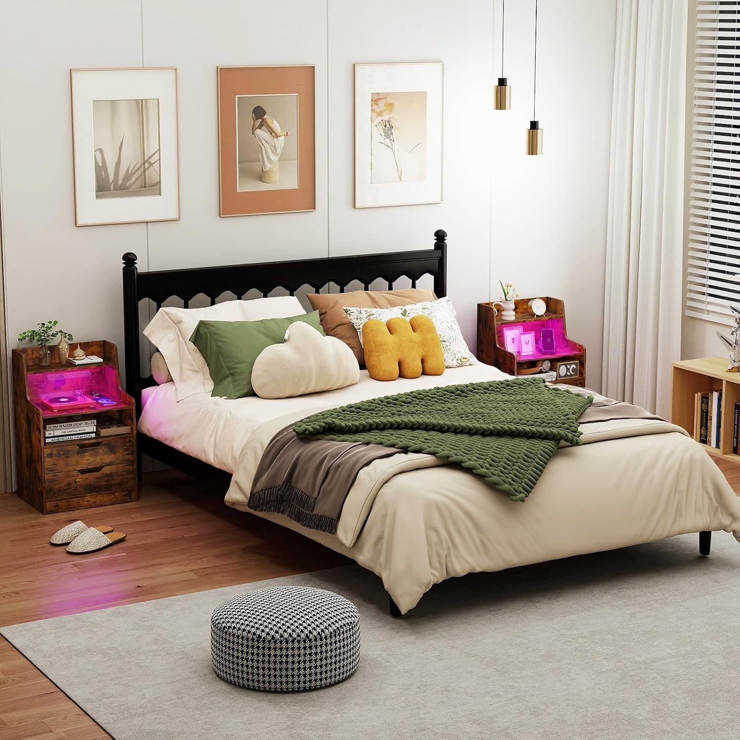 Rustic Brown LED Bedside Table with Charging Station, Drawers & RGB Shelf Unit