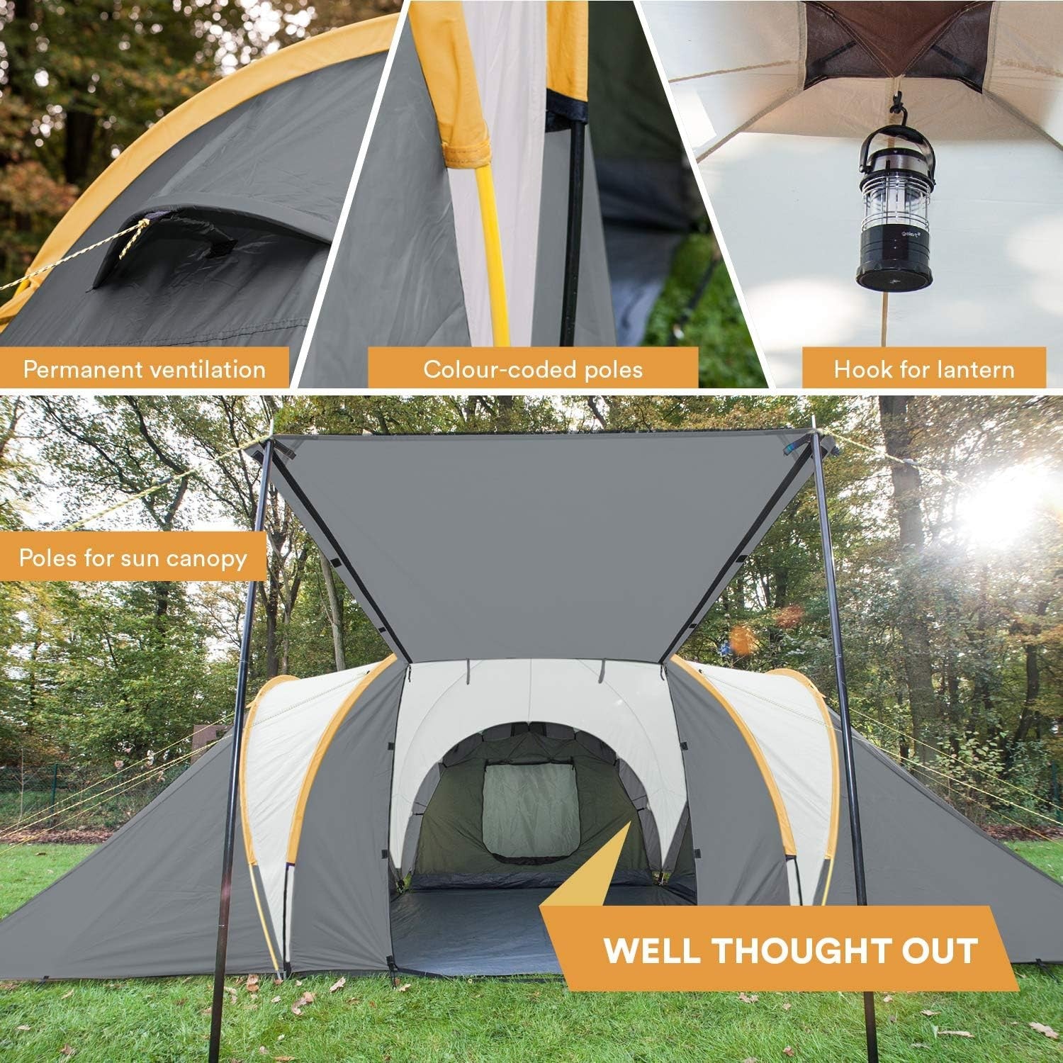 6 Man Family Dome Tent 3000mm Waterproof 3 Cabins Sun Canopy