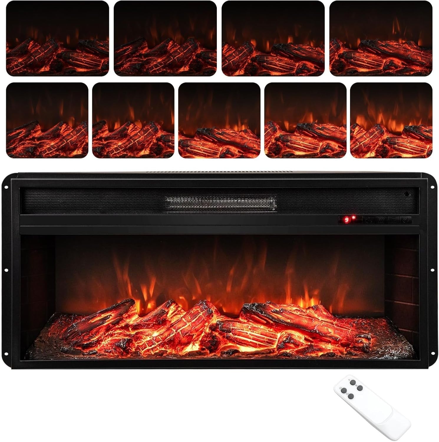 1500W-2000W Electric Fireplace Insert with Remote, 9 Flame Colors & Timer