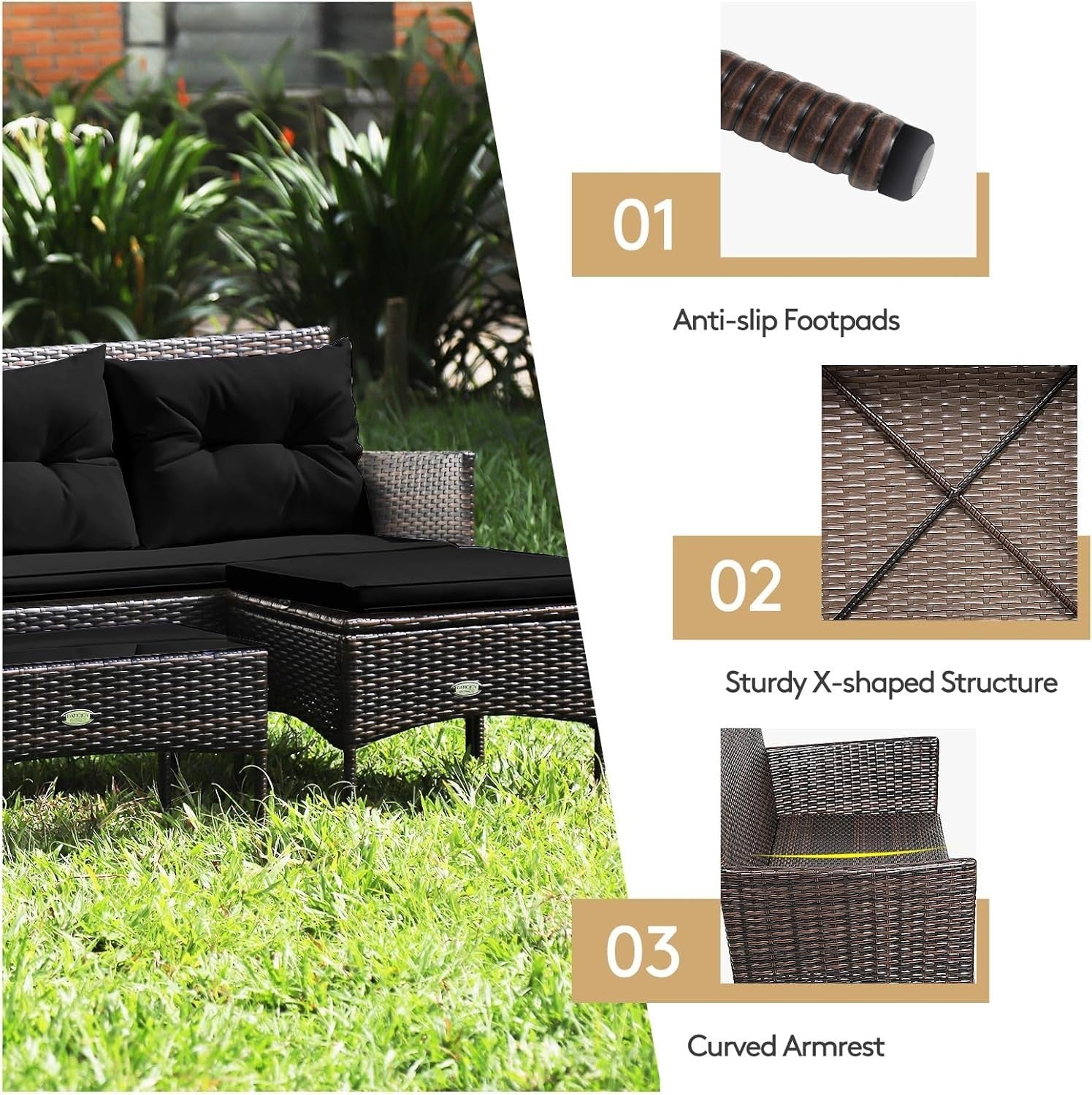 Rattan Garden Sofa Set 4 Seater Outdoor Patio Furniture w/ Ottoman Table