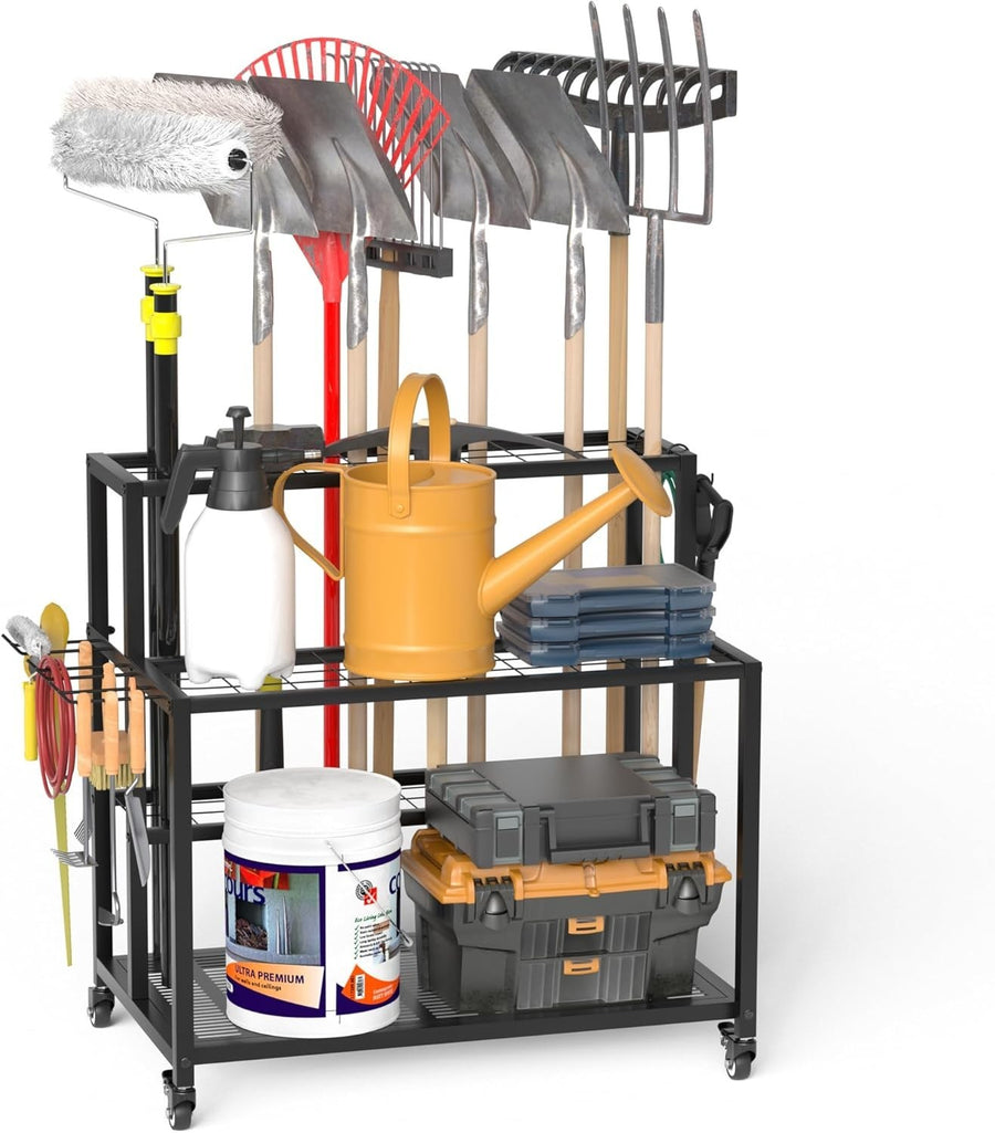 Heavy-Duty Garden Tool Rack 70x55x80cm 3-Tier Rolling Shed Organizer