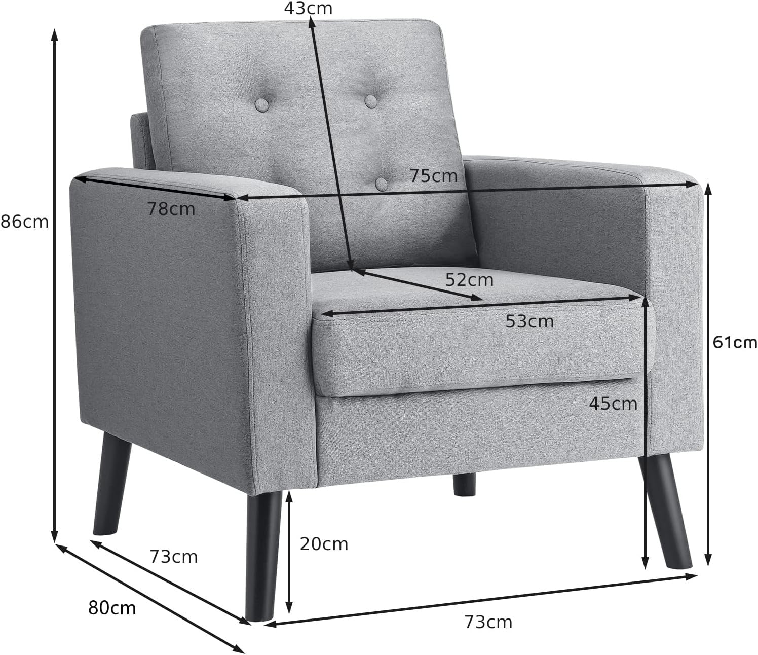 Grey Accent Armchair Button Tufted Linen Lounge Chair