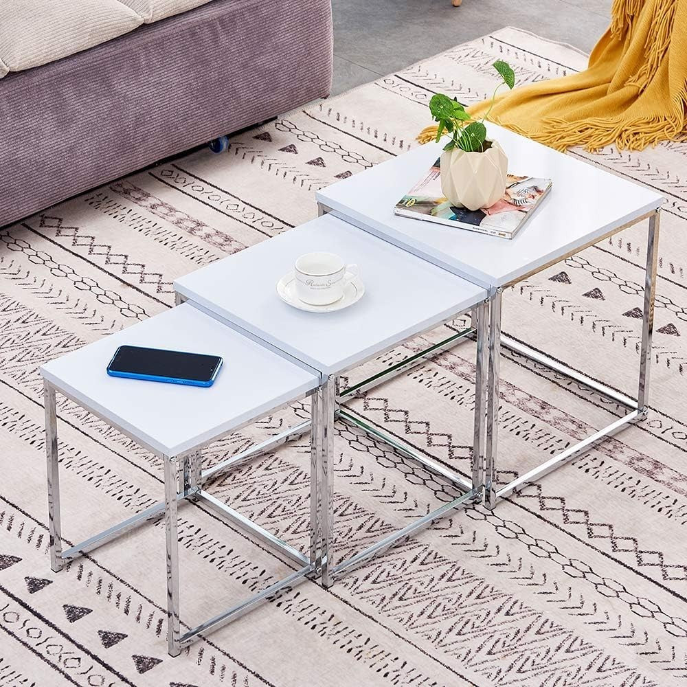 3 Pcs Nesting Coffee Table Set Modern Living Room End Side Tables White Wood