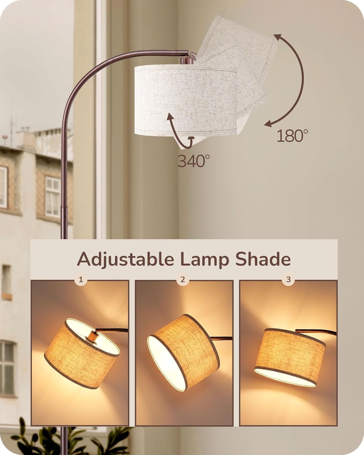 Modern Arc Floor Lamp Adjustable Linen Shade Brown Standing Light E27