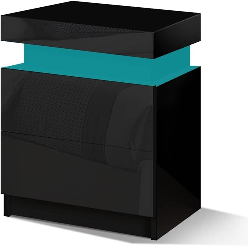 LED Bedside Table with 2 Drawers & RGB Lights | Modern Black