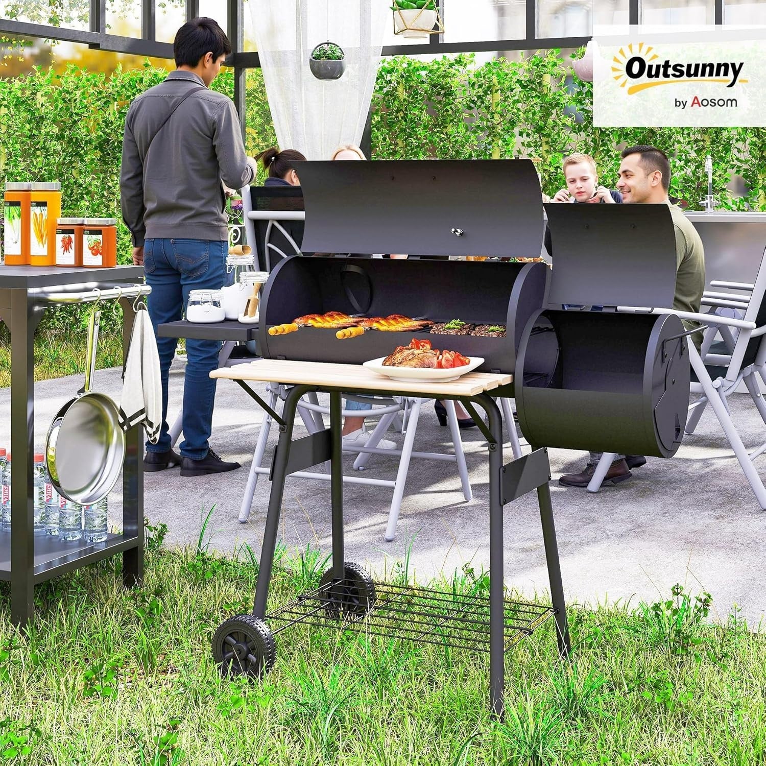 Charcoal BBQ Grill with Offset Smoker | Outdoor Barrel Barbecue with Shelves