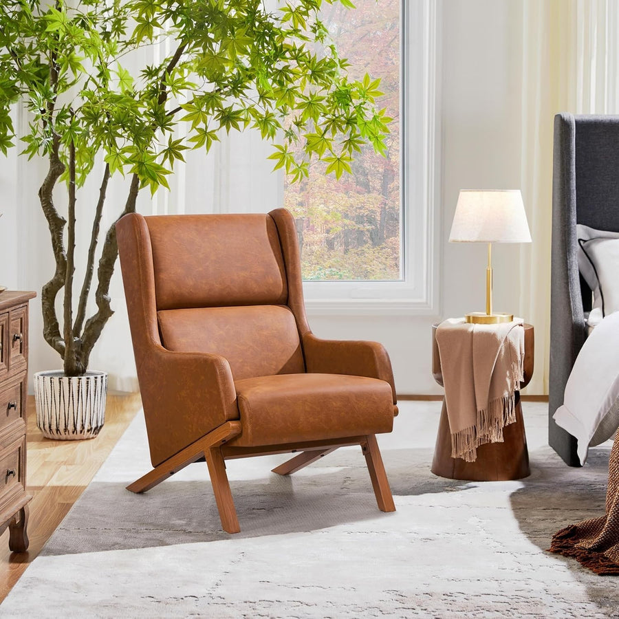 Brown PU Leather Accent Chair High Back Armchair for Lounge Office
