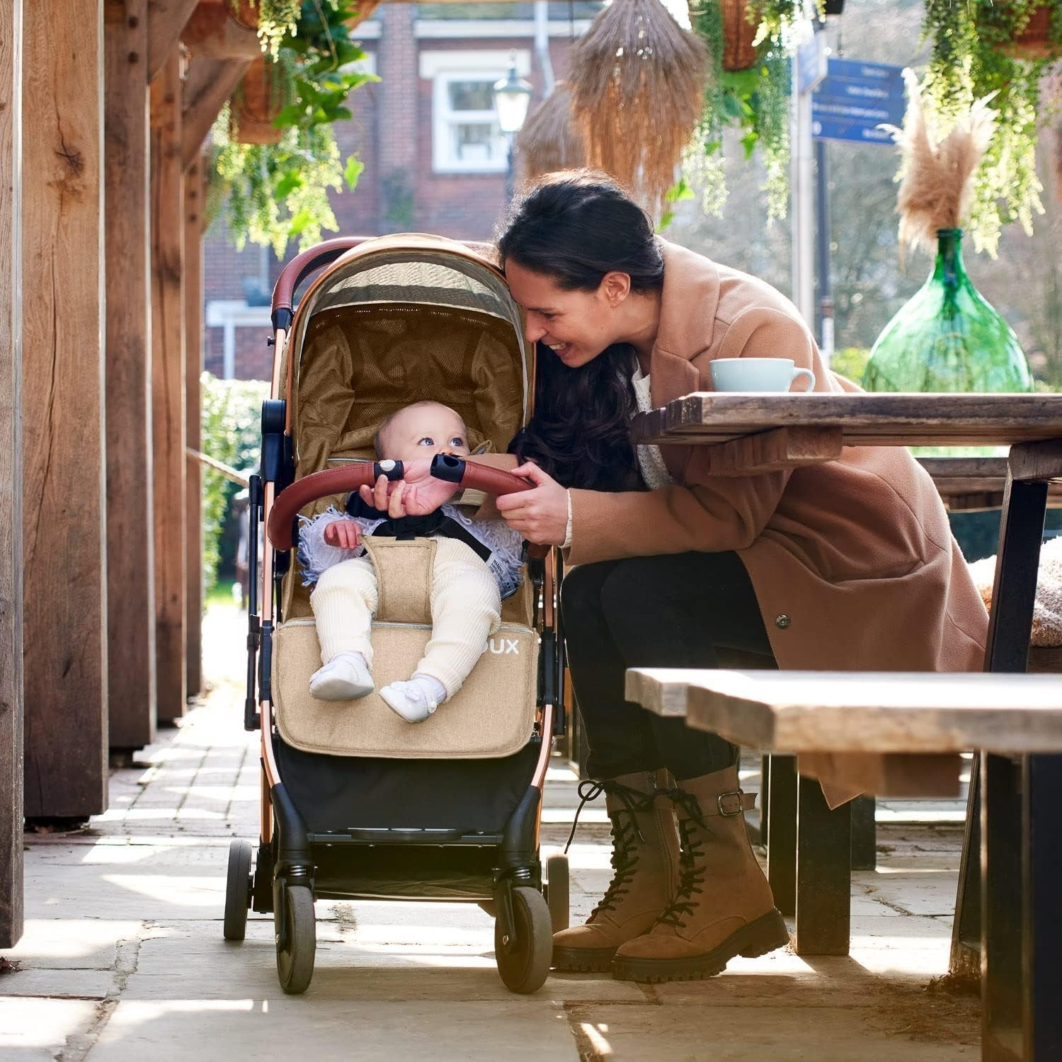 Lightweight Foldable Travel Stroller One-Hand Fold Reclining Seat 0-15kg Beige