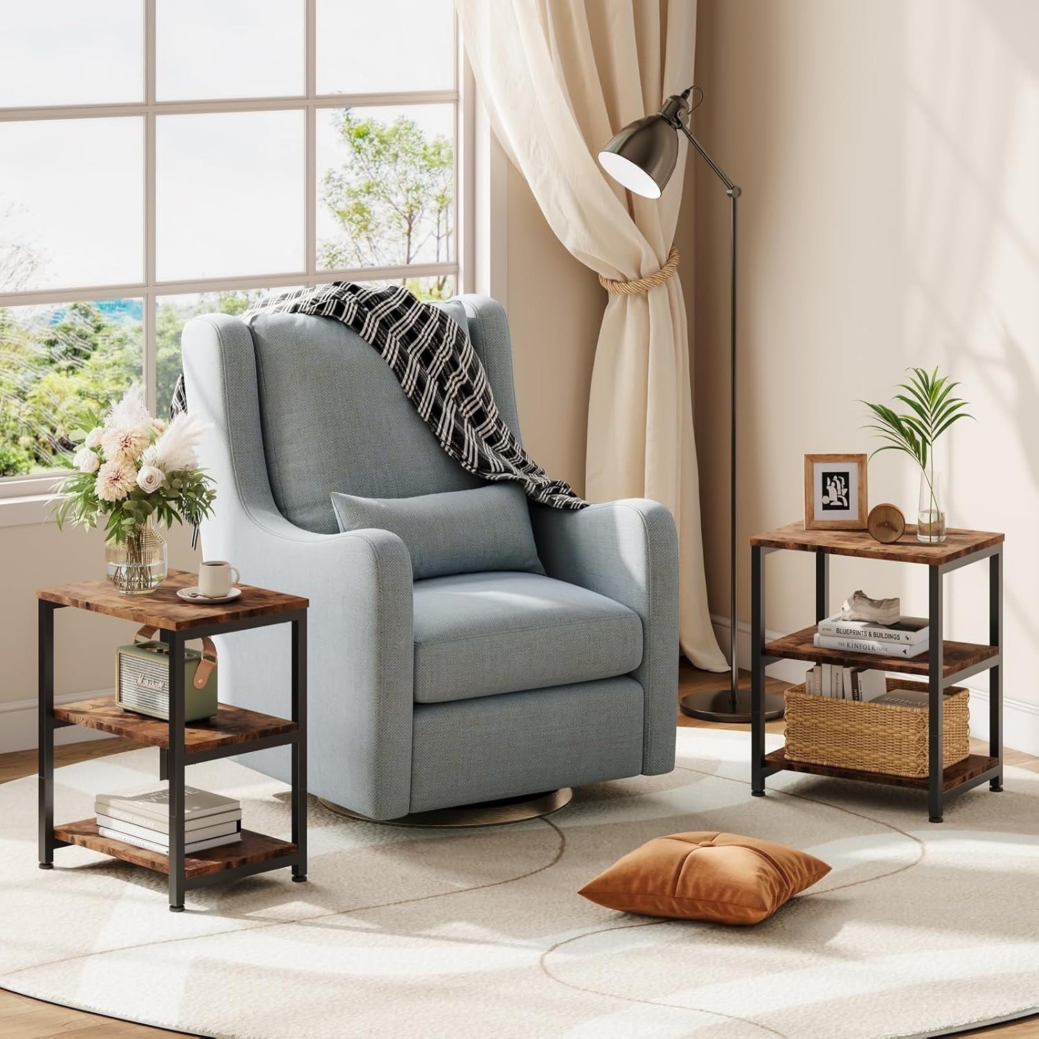 Rustic 3-Tier Narrow Side Table with Storage – Slim Bedside or Sofa Table
