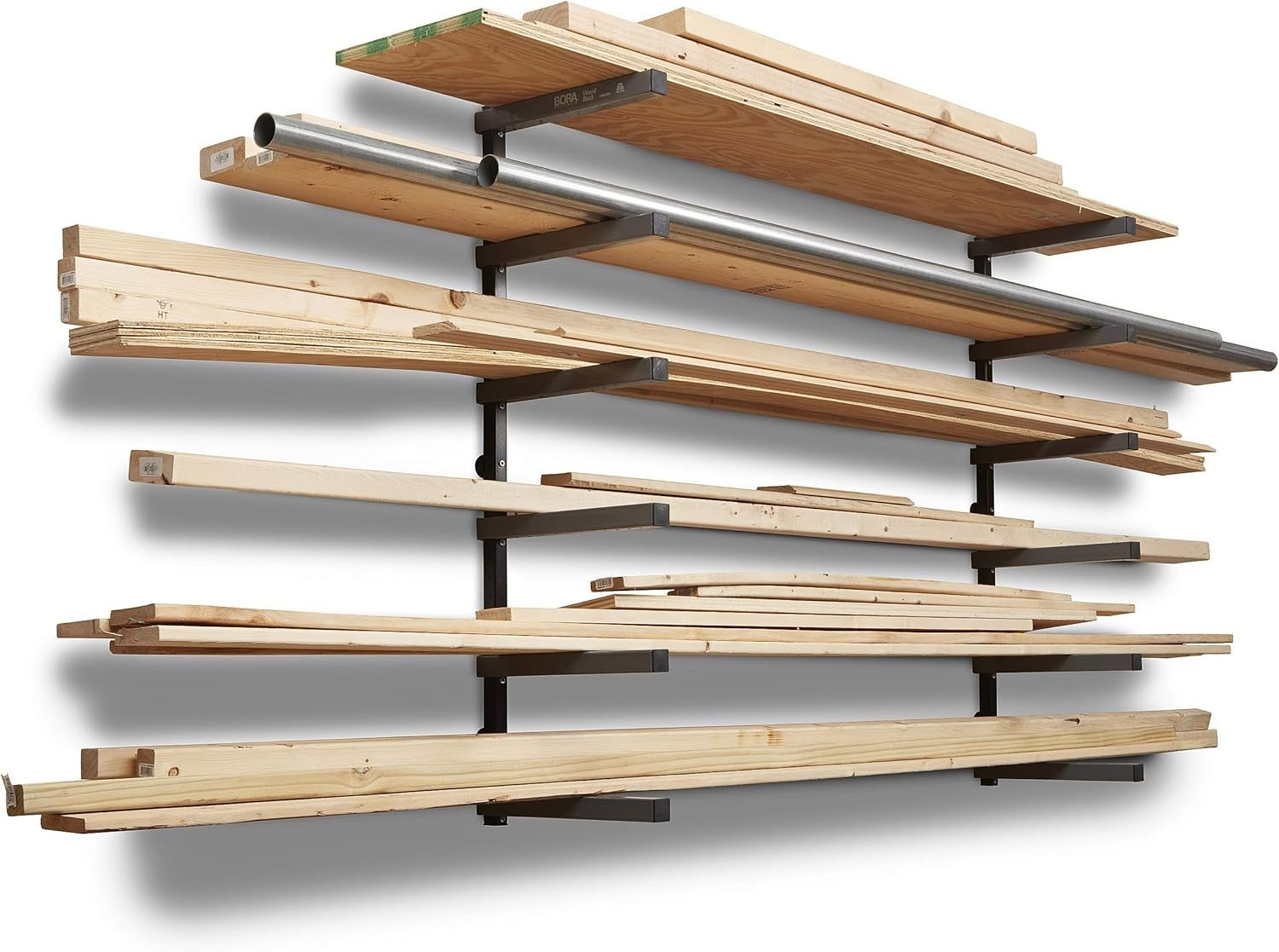 6-Level Wall-Mount Lumber Rack 183x32x104cm Heavy-Duty Alloy Steel Grey