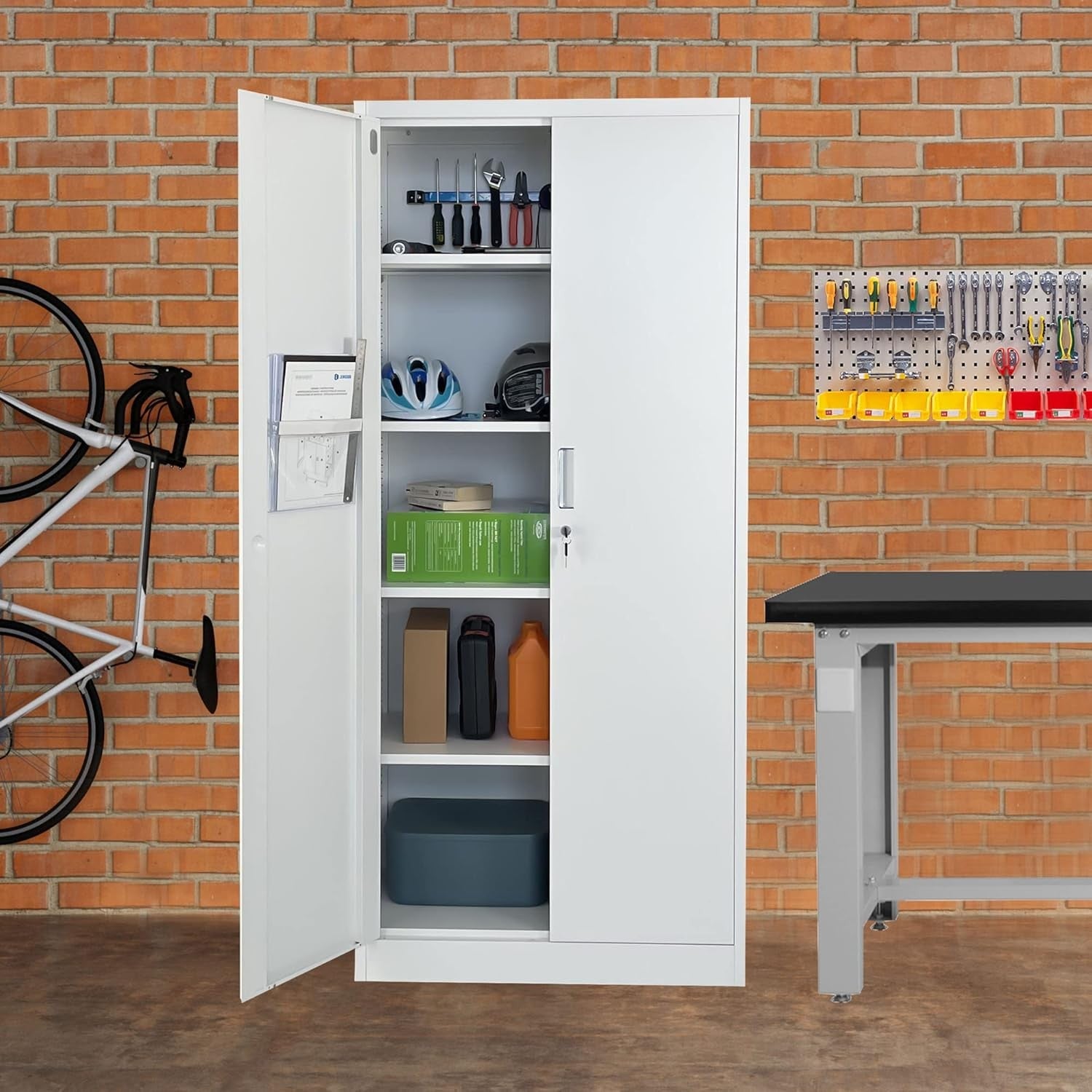 Tall White Metal Storage Cabinet with Lockable Doors & 4 Adjustable Shelves