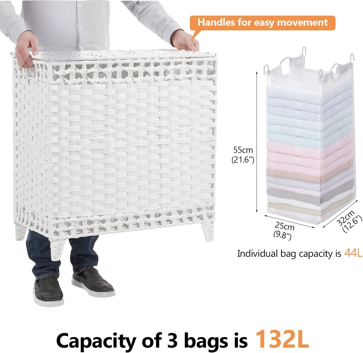 132L Rattan Laundry Hamper with Lid 3-Section Basket Removable Liner Bags White