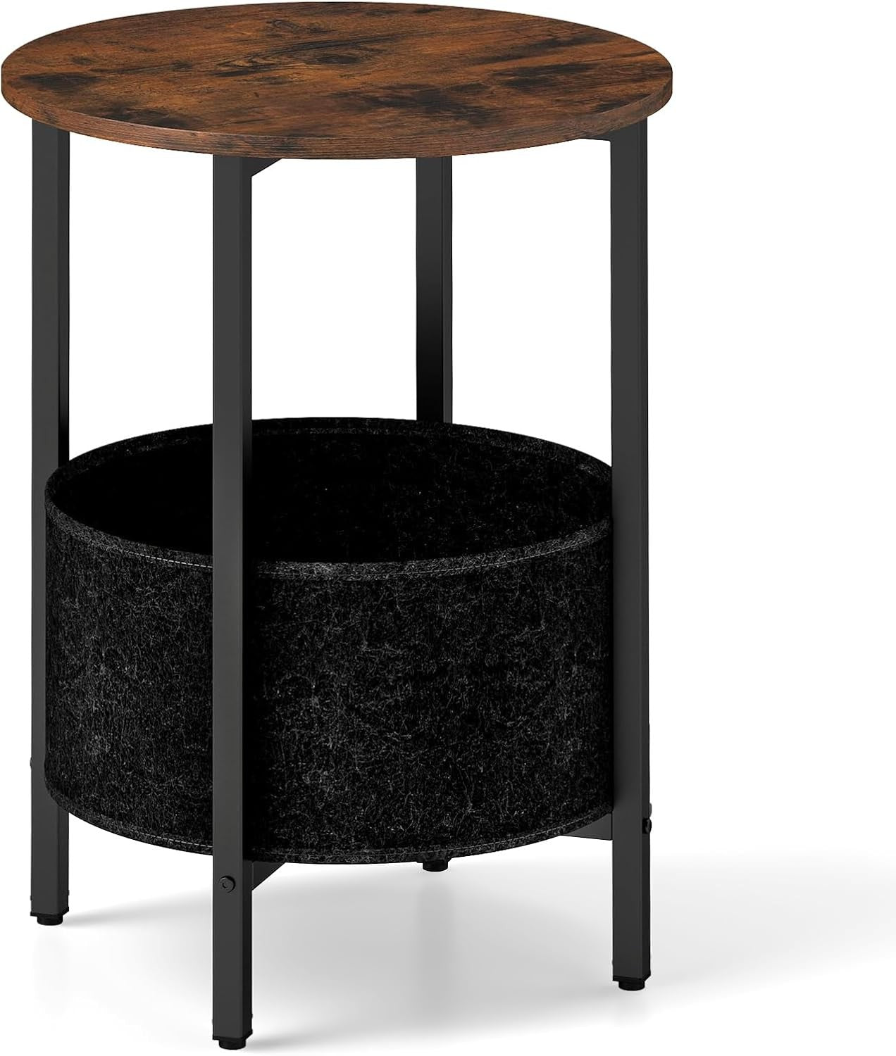 Round Rustic Bedside Table with Fabric Storage Basket & Metal Frame – 2-Tier Sid
