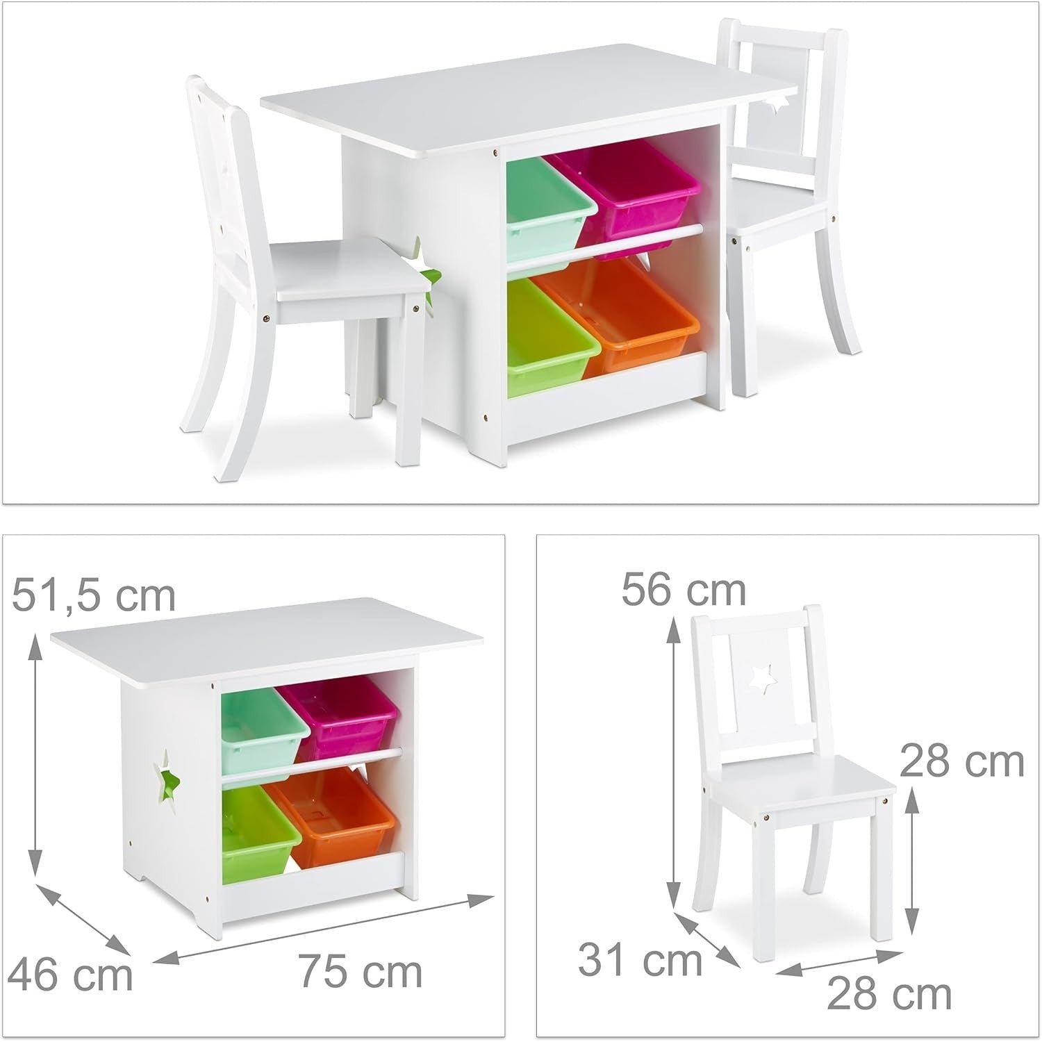 Kids Wooden Table & Chairs Set with Storage, White, Star Cutouts, Durable