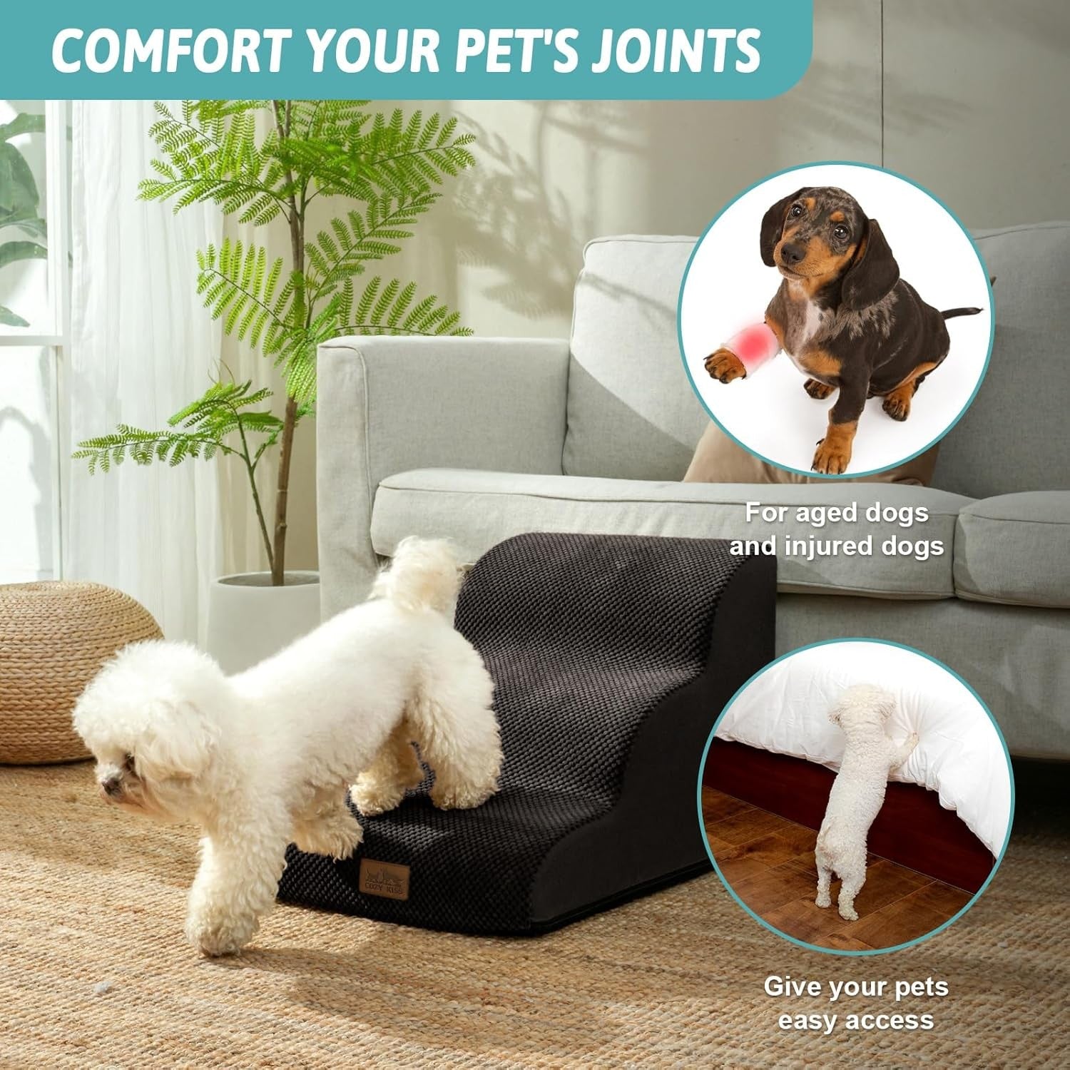 Dog Stairs 3 Step Foam Pet Ramp for Bed Sofa Leakproof Cover