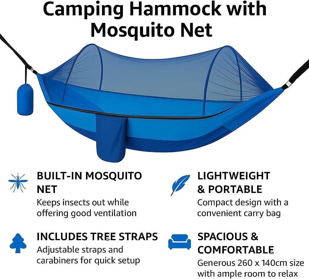 Portable Camping Hammock with Mosquito Net & Tree Straps 260x140 cm Lightweight