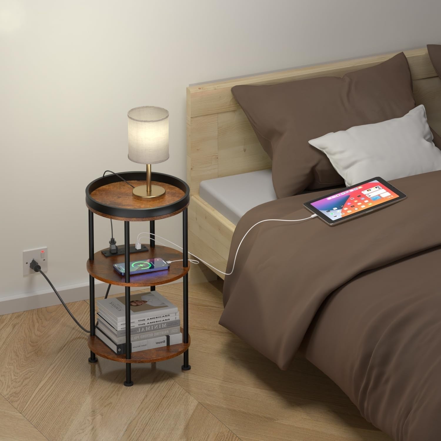 Small Round End Table with USB & Power Outlets, 3-Tier Rustic Side Table