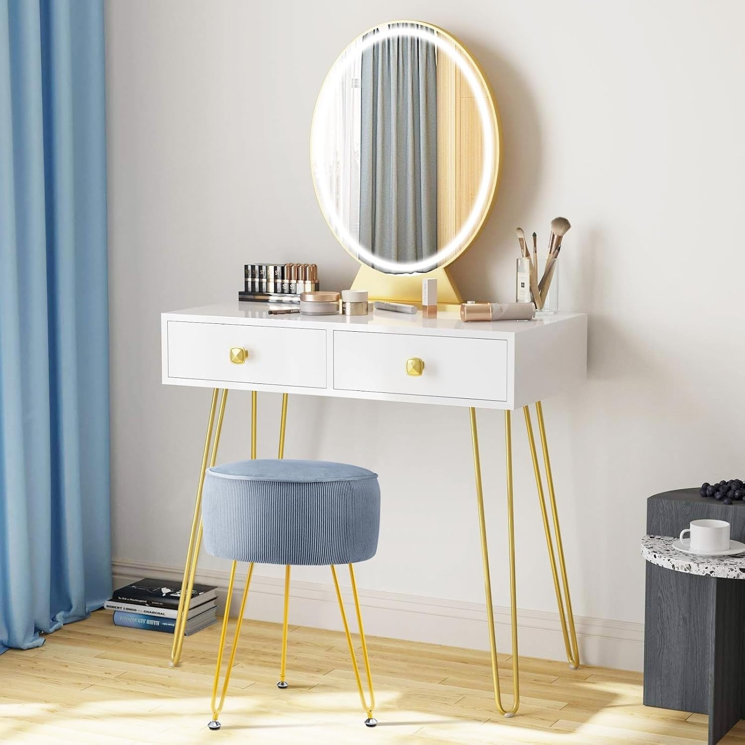 Blue Round Velvet Dressing Table Stool – Padded Vanity Seat with Golden Legs