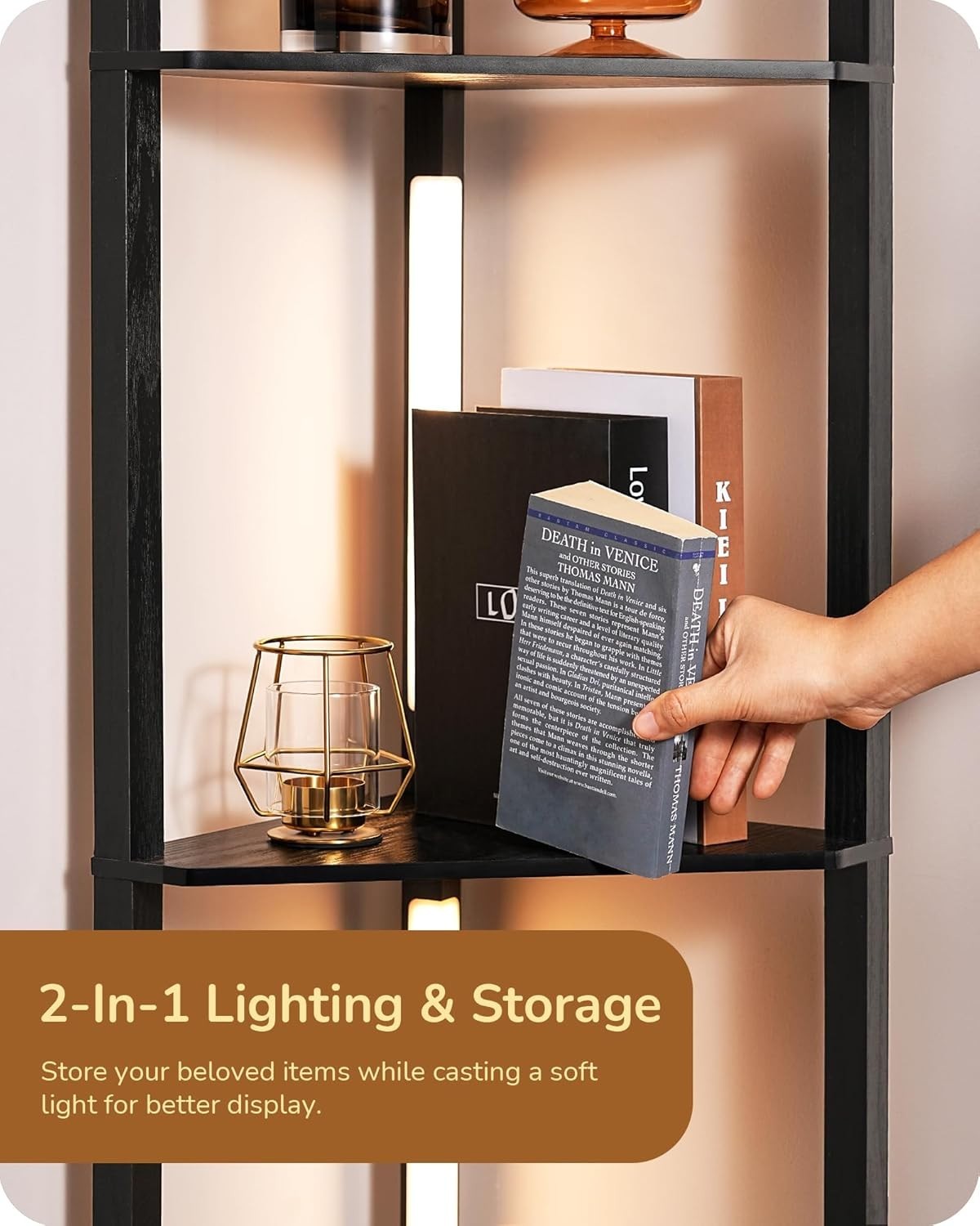 LED Floor Lamp with Shelves Black Wood 4-Tier Corner Light for Living Room