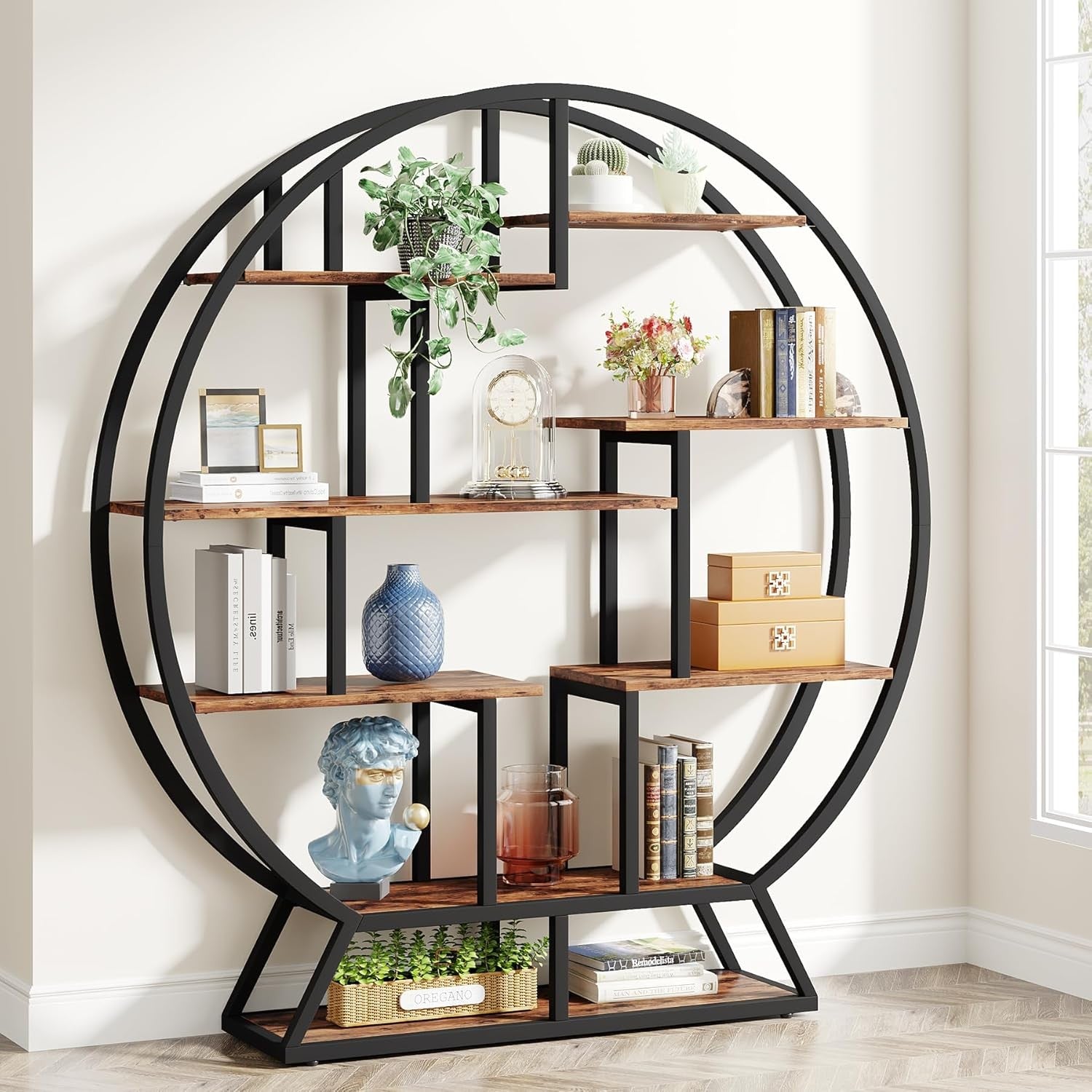 160cm Round Industrial Bookcase 5 Tier Metal Wood Display Shelf Organizer