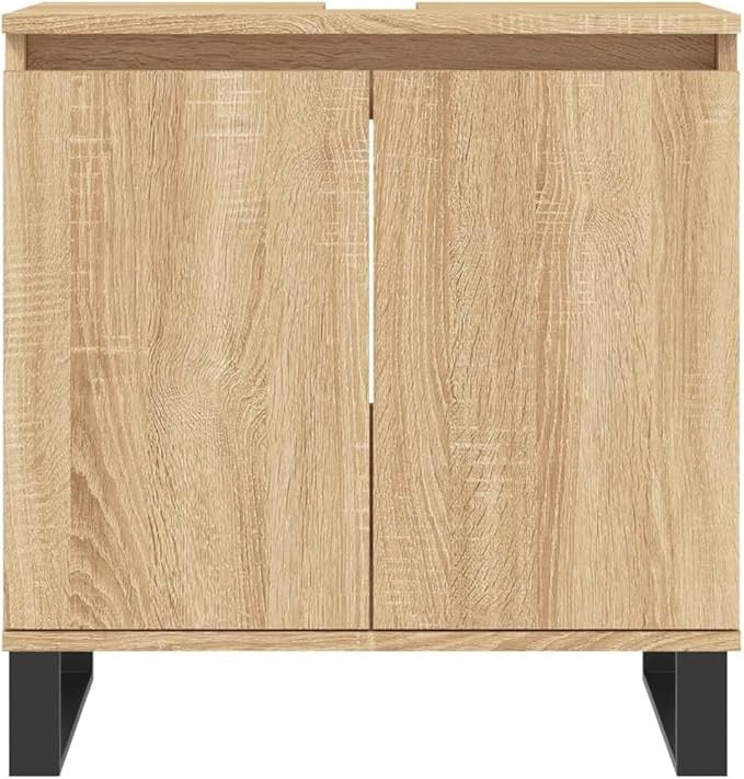 Brown Under Sink Bathroom Cabinet 58cm Modern Vanity Unit with Doors & Metal Leg