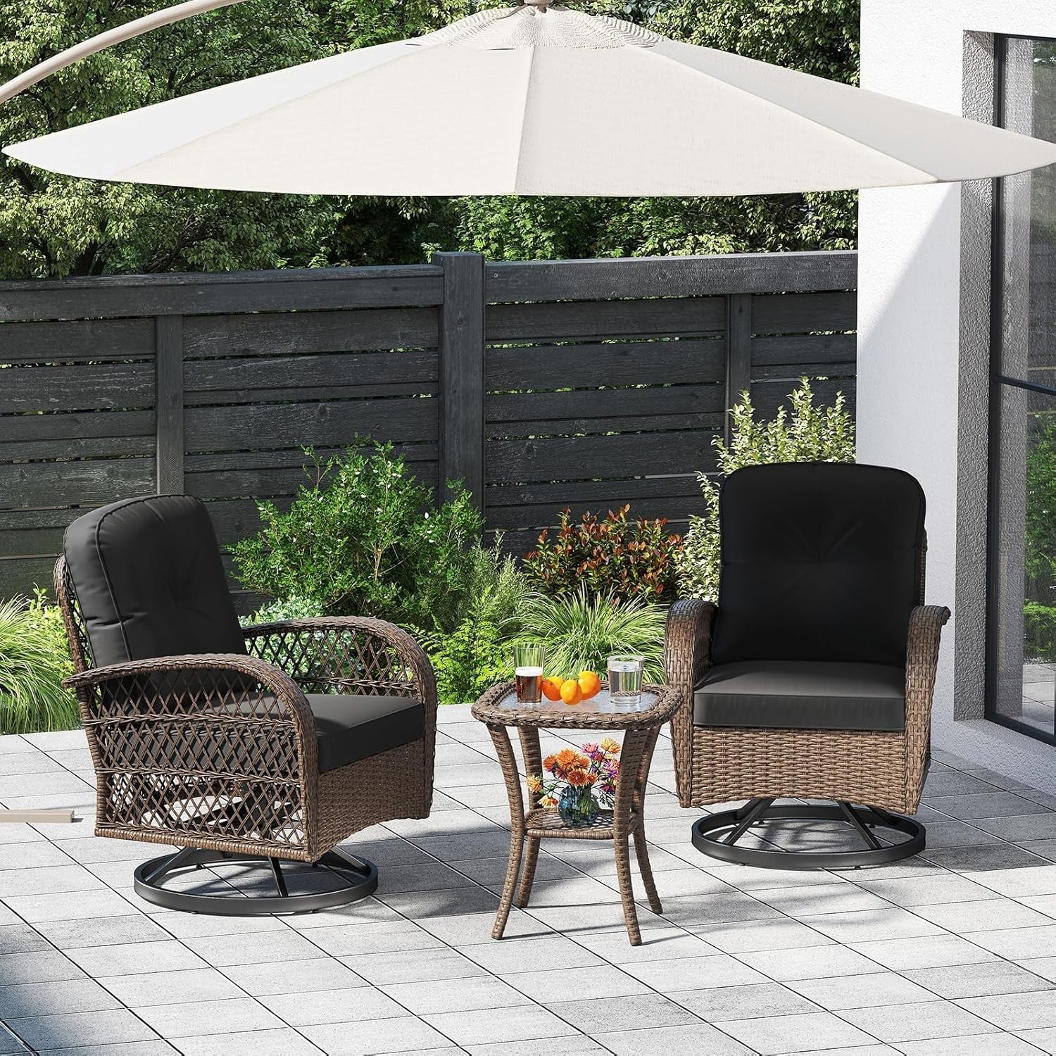 3pc Rattan Bistro Set Garden Swivel Rocking Chairs & Glass Table Outdoor