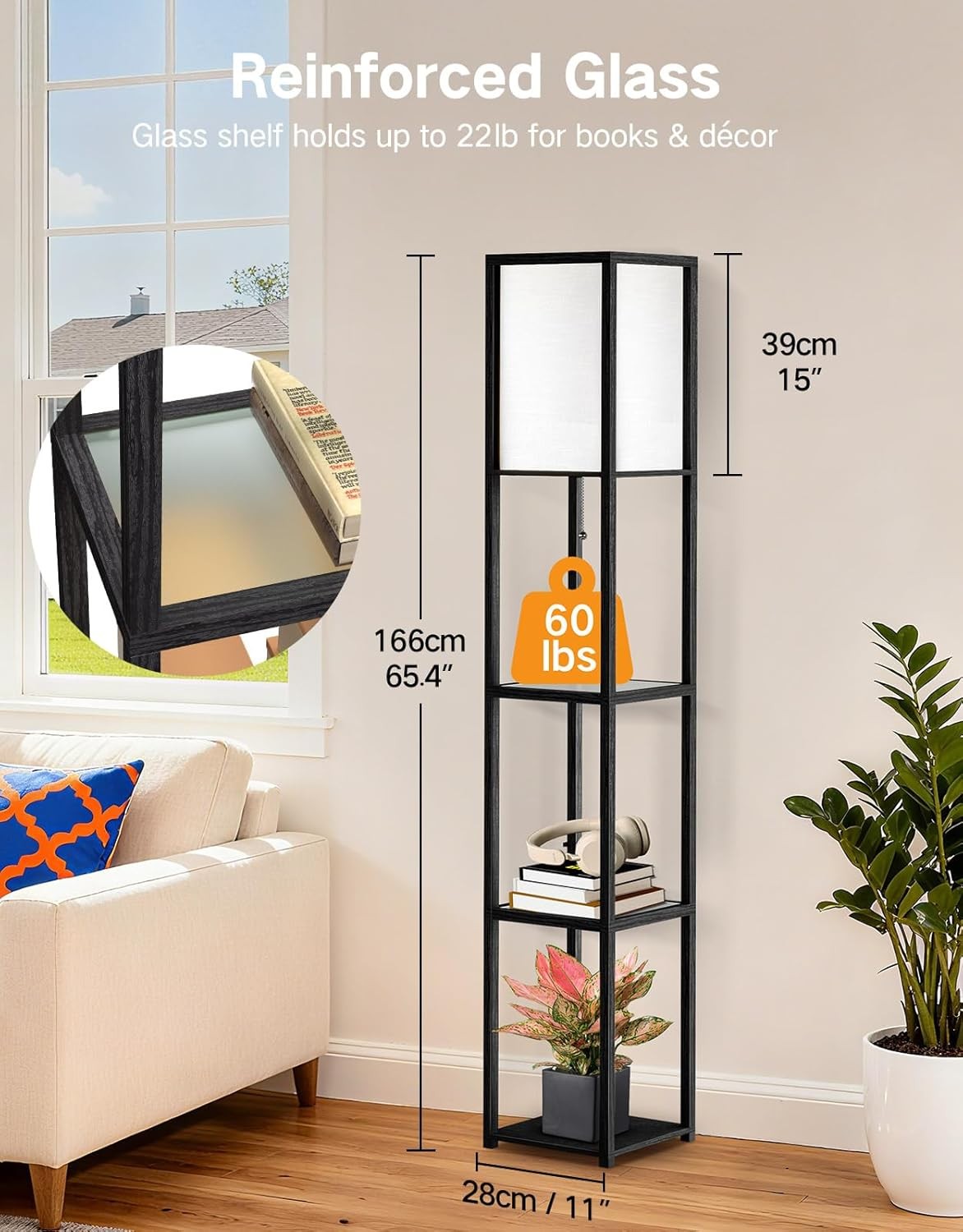 Floor Lamp with Shelves LED Adjustable Colour Standing Storage Light Black