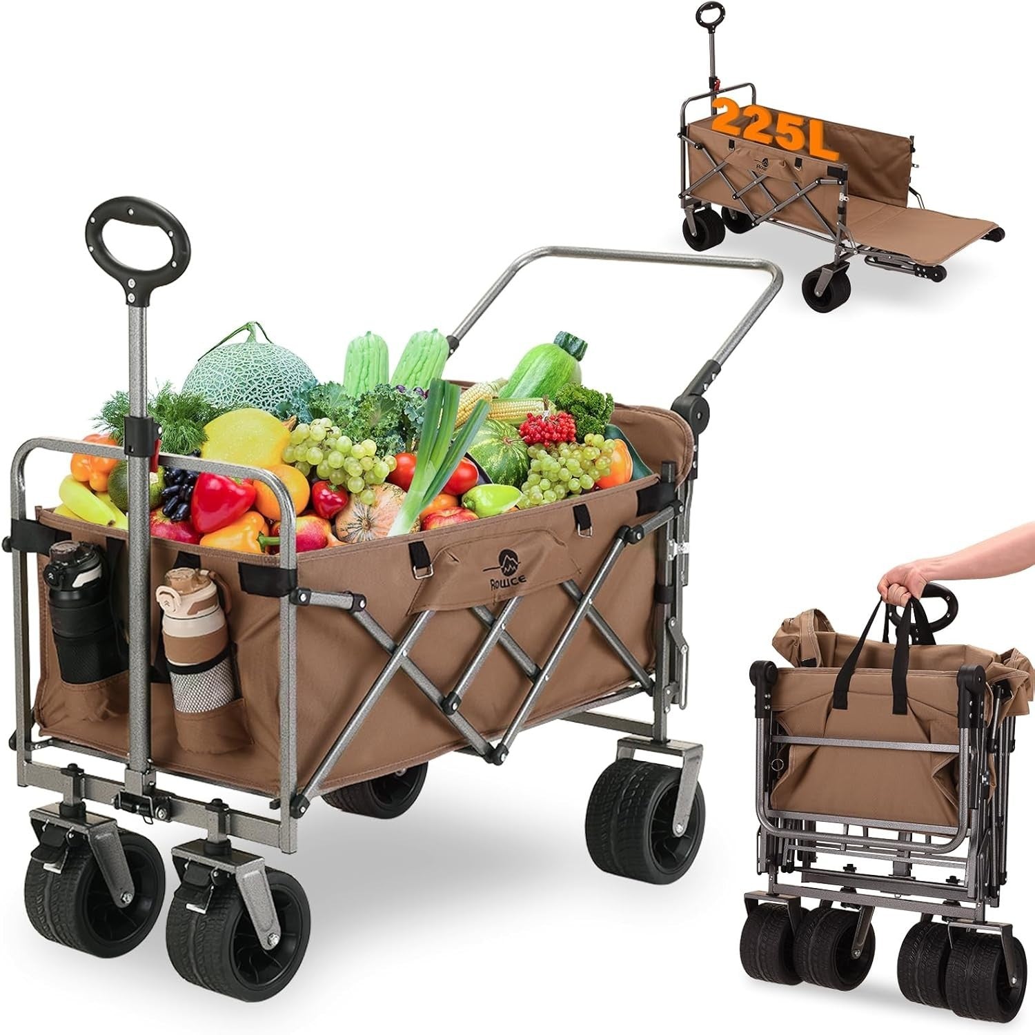 Folding Festival Trolley 225L with Brakes Push Pull Cart Extra Wide Wheels Khaki