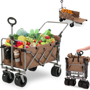 Folding Festival Trolley 225L with Brakes Push Pull Cart Extra Wide Wheels Khaki