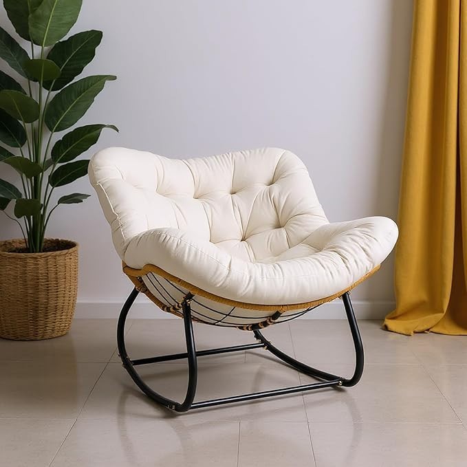 Oversized Egg Chair Rattan Wicker Rocking Chair w/ Cushion Indoor Outdoor
