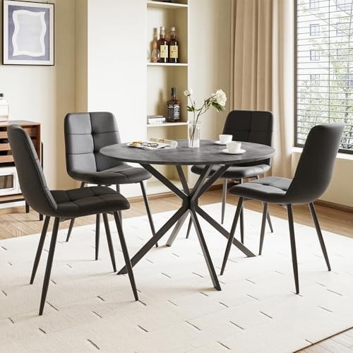 Folding Round Dining Table with 4 Fabric Chairs Space-Saving Set for Kitchen