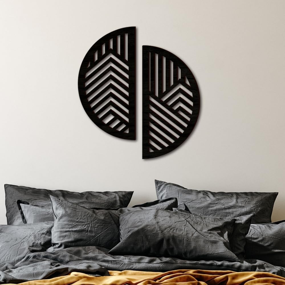 Geometric Black Wood Wall Art Hollow Semi-Circle Panels Modern