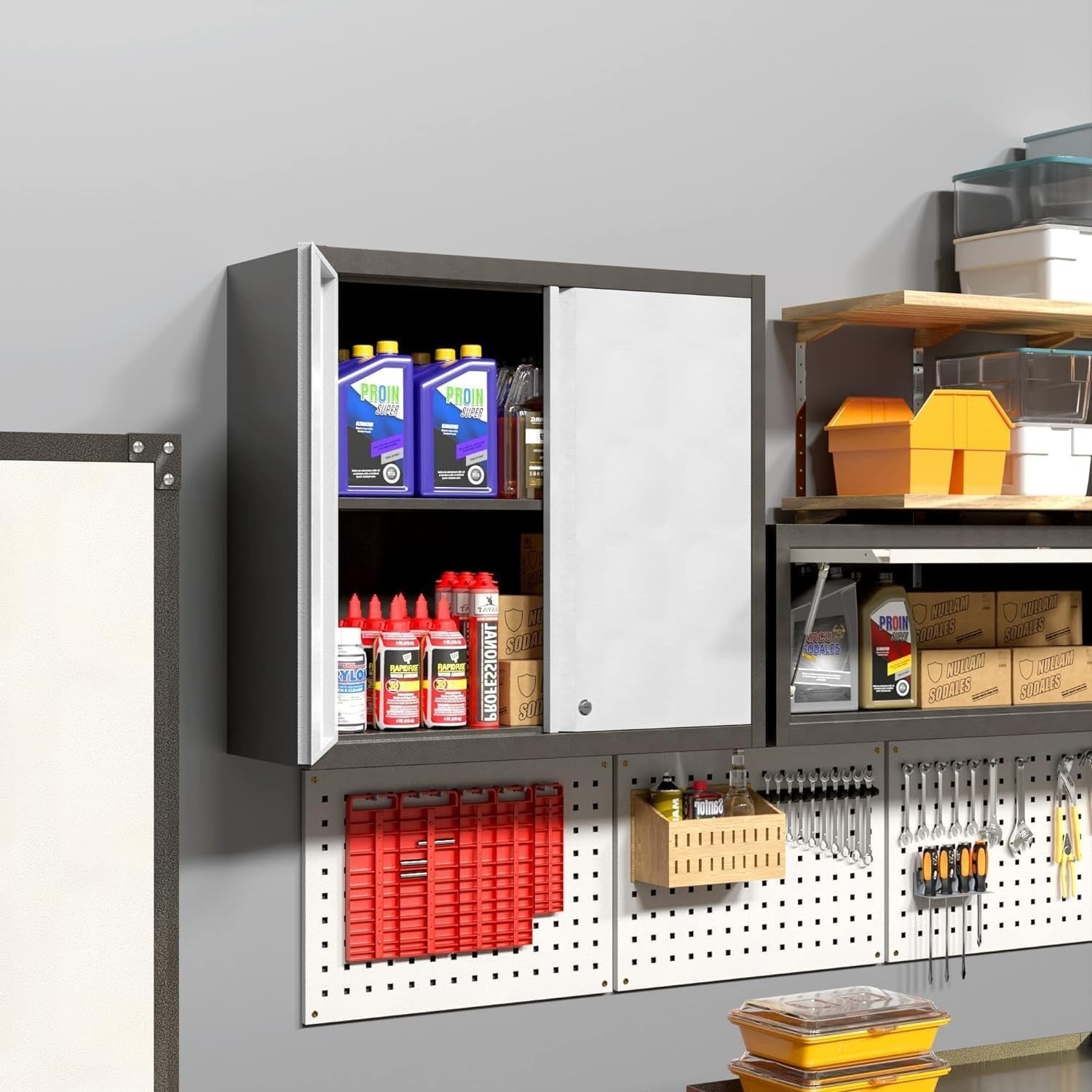 Metal Wall Cabinet 66x66x30cm Garage Storage, Lockable, Adjustable Shelf