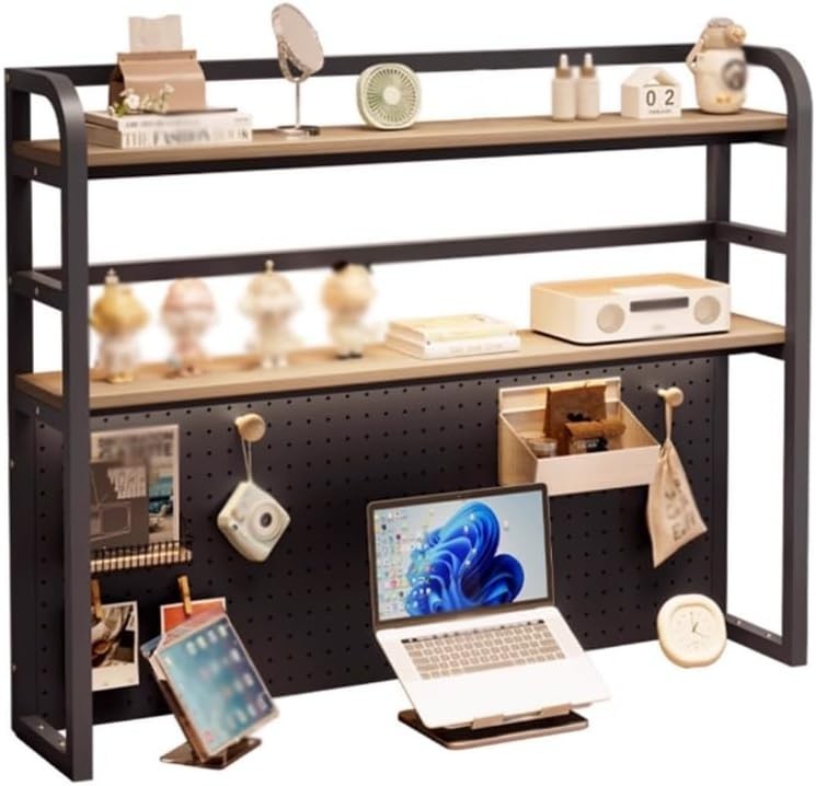 80cm Black Desktop Bookshelf 2-Tier Desk Hutch Pegboard Storage Display Shelf